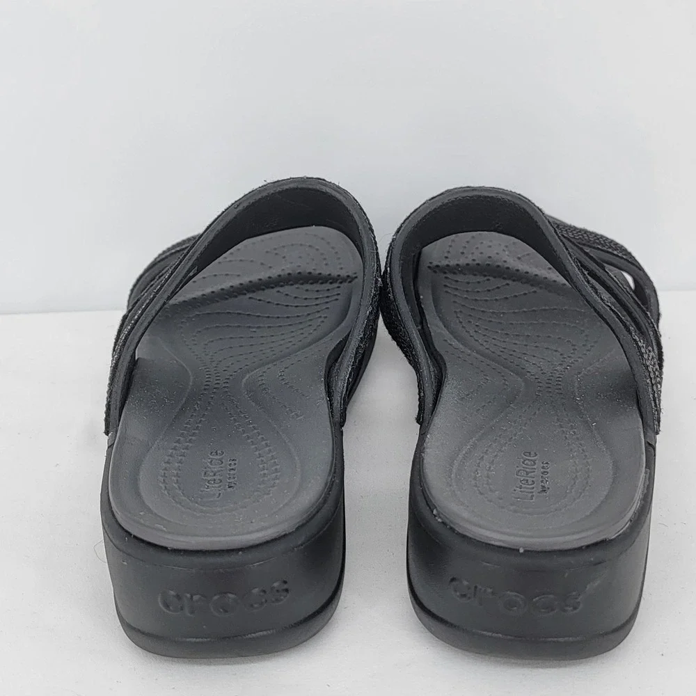 Crocs LiteRide Sequin Colorblock Wedge Sandals Womens 11 Black Strappy Slides